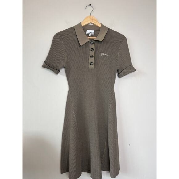 NEW Ganni Melange Collar Embroidered Short-Sleeve Knit Mini Dress Safari Size: M - Picture 2 of 8